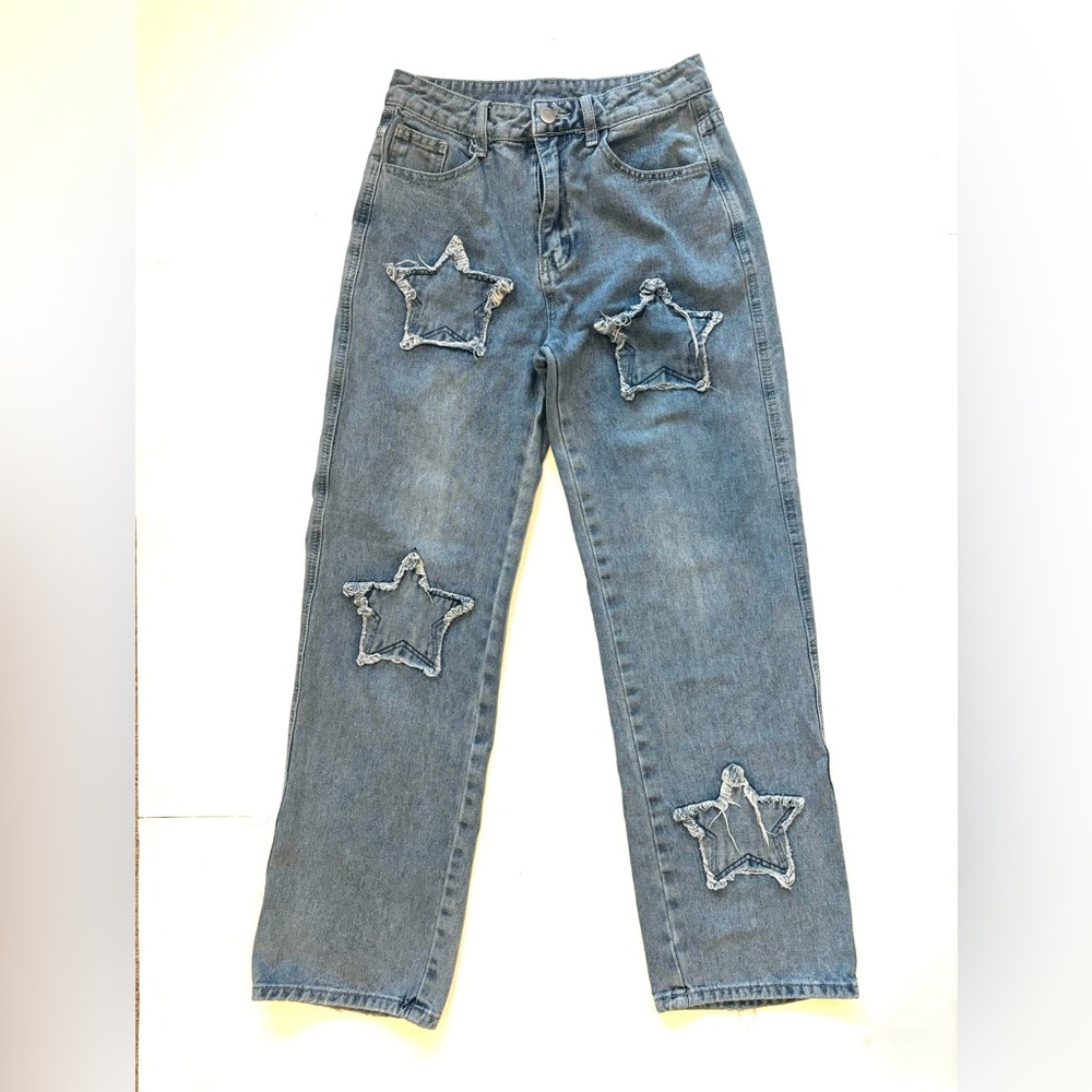 Straight Leg Jeans Raw Edge Star Appliqué High‎ Waist Light Blue Women’s size S